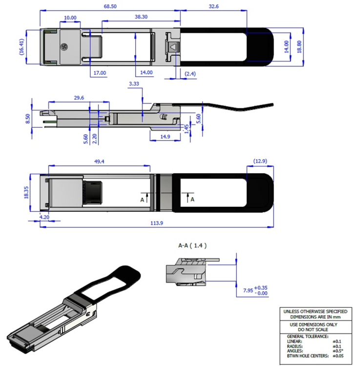 NVIDIA MAM1Q00A-QSA QSFP+ → SFP+ — MAM1Q00A-QSA: механическая схема, вариант 1 производителя
