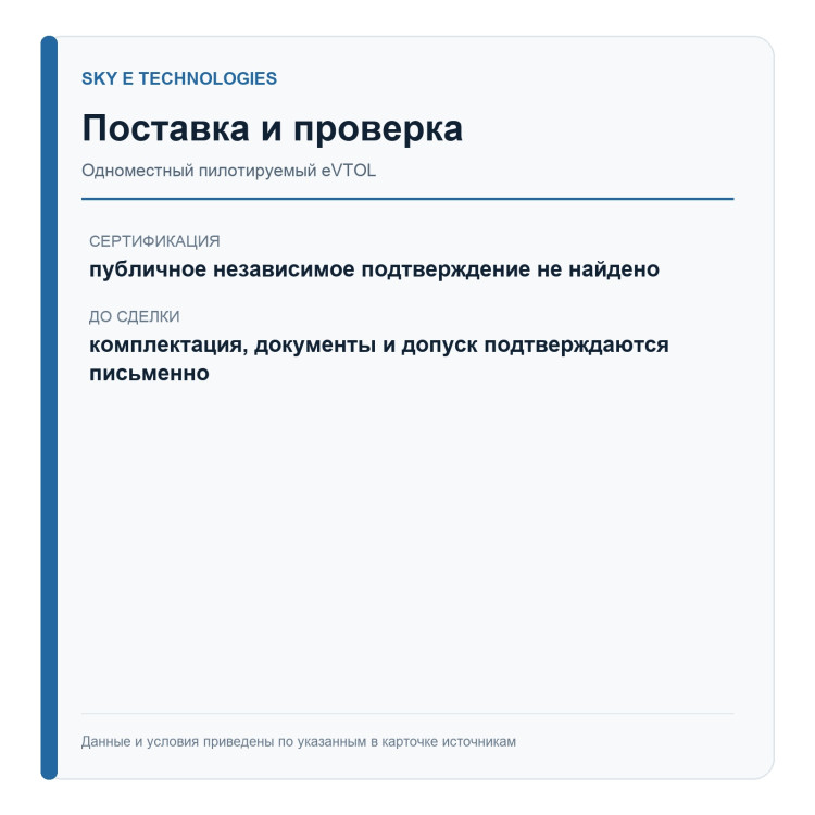 Sky E Technologies eVTOL — одноместная версия — поставка и проверка