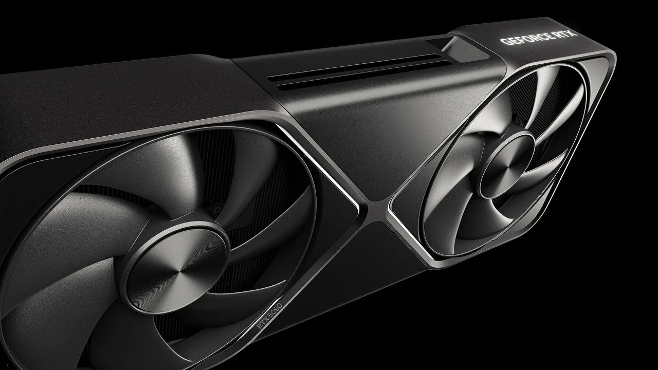Видеокарта GeForce RTX 5090, вид на вентиляторы системы охлаждения